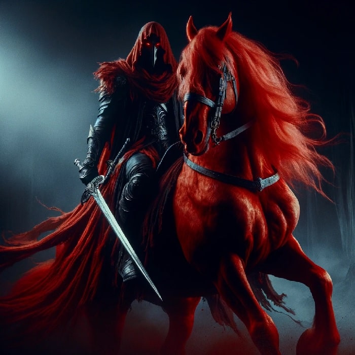 Kị sĩ cưỡi ngựa đỏ tượng trưng cho các giáo sư giả đã trà trộn vào hội thánh